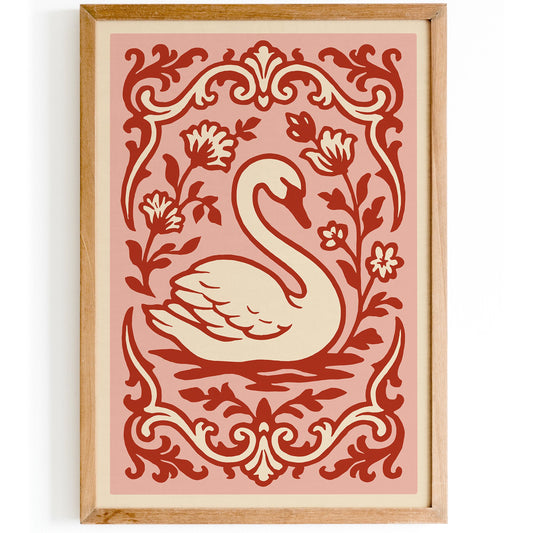 Rococo Swan Poster – Pink Red Vintage Wall Art