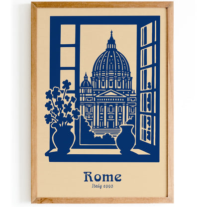 Rome Italy 1993 - Blue Linocut Style Wall Art Print