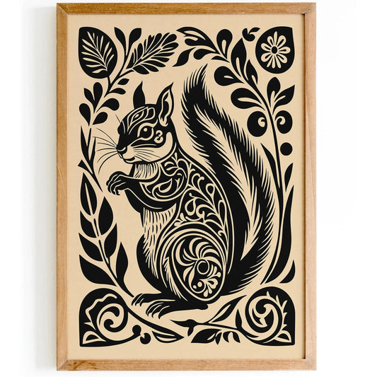 Woodcut Black Squirrel Poster - Rustic Woodland Print