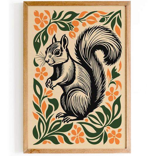 Cute Squirrel in Flowers Poster – Woodland Animal Wall Art