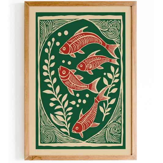 Japanese Linocut Fish Poster - Beach House Decor