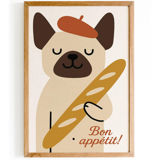 Bon Appetit! Cute Dog with Baguette Poster