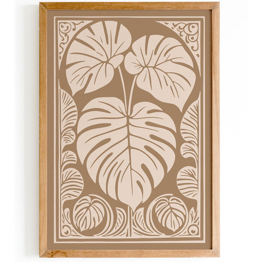 Brown Beige Monstera Leaf Rococo Art Print