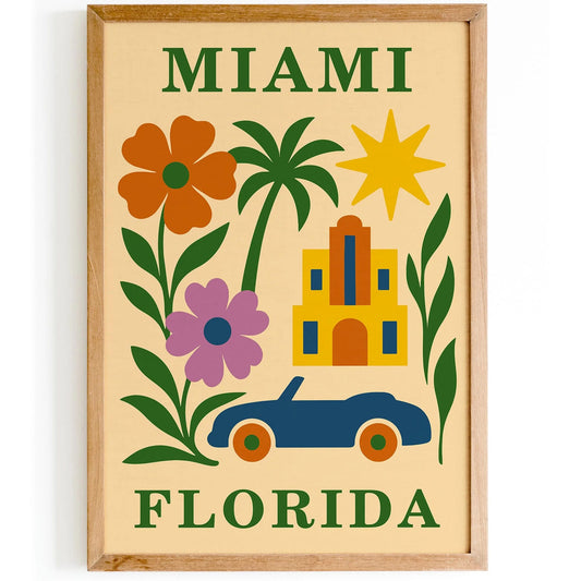 Miami Florida Colorful Retro Travel Poster