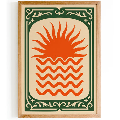 Orange Sun Poster - Green Frame Abstract Wall Art