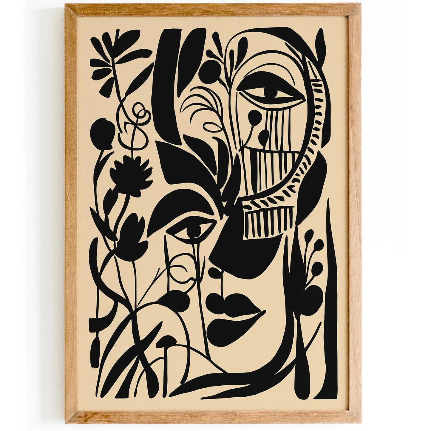 Floral Abstract Faces Wall Art – Black Ink Print