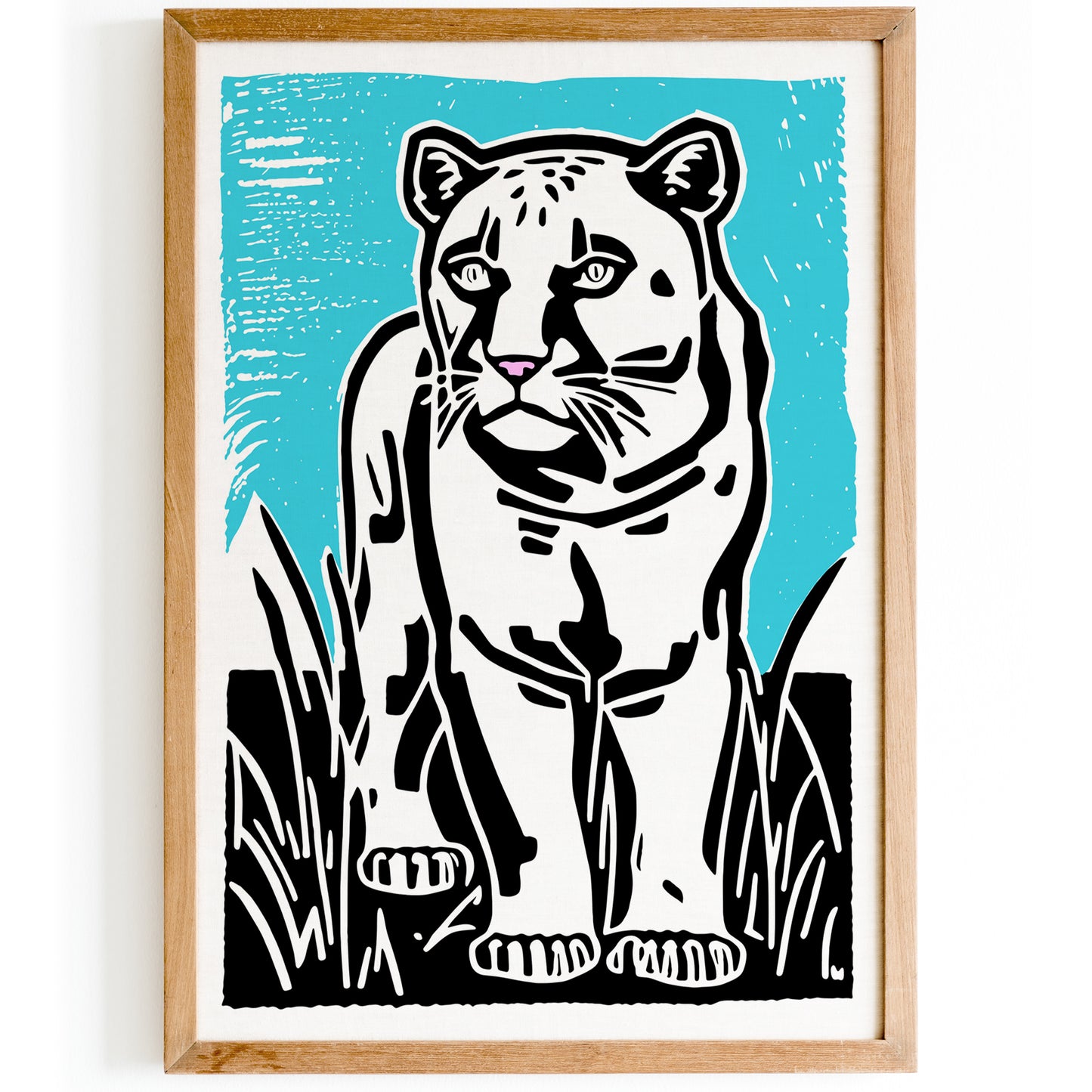 White Panther Linocut Art Poster