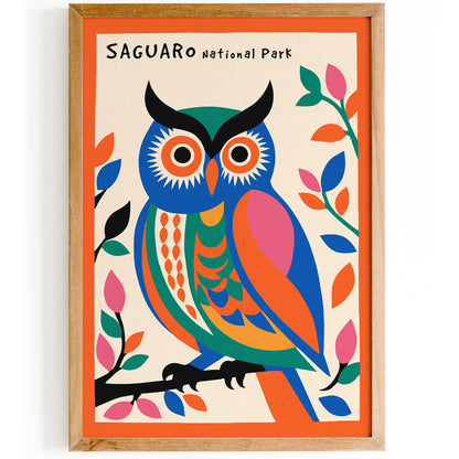 Saguaro National Park Colorful Poster with Cute Owl