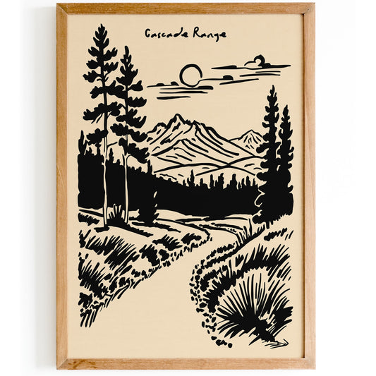 Mount Rainier Poster - Black Ink Landscape Print