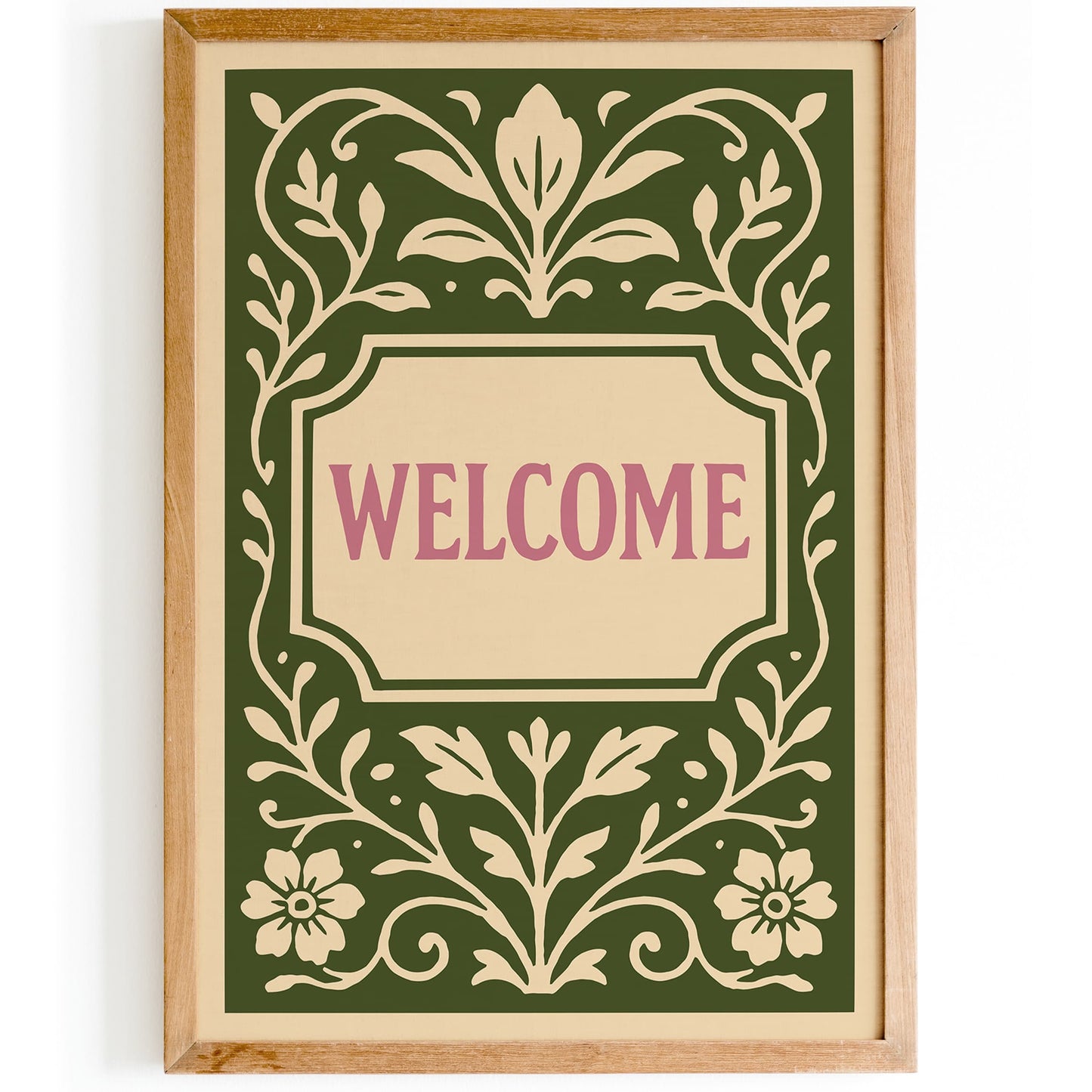 Green Welcome Sign Art Print in Floral Botanical Rococo Style