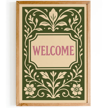 Green Welcome Sign Art Print in Floral Botanical Rococo Style