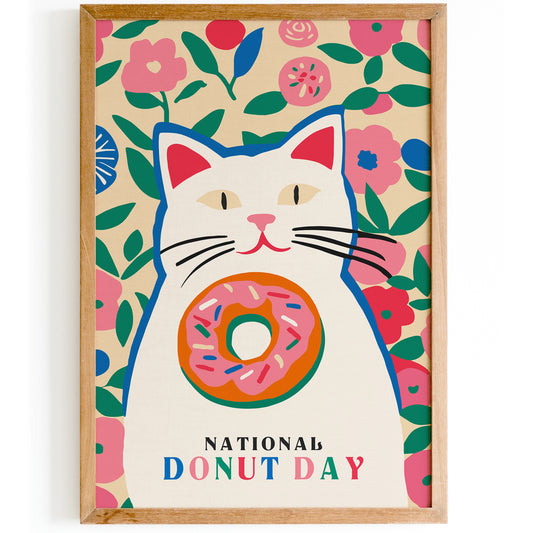 National Donut Day Pink Cat Poster 2024