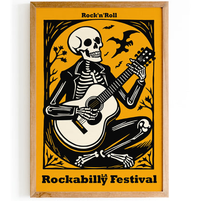 Yellow Skeleton Playing Guitar Rockabilly Music Poster