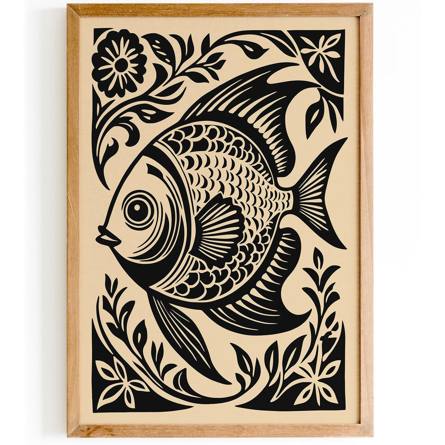 Black Woodcut Style Fish Art Print – Nautical Wall Decor