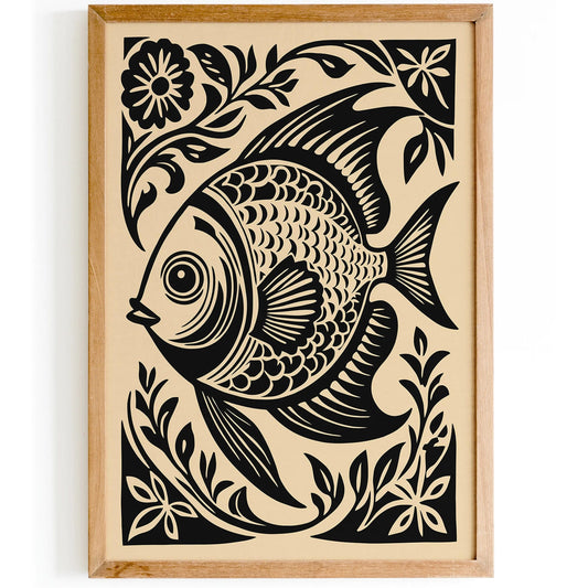 Black Woodcut Style Fish Art Print – Nautical Wall Decor