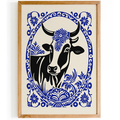 Blue Rococo Elegant Cow Portrait Art Print