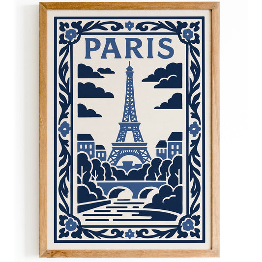 White and Blue Paris Eiffel Tower Poster