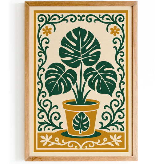 Monstera Plant with Rococo Floral Ornament - Botanical Wall Art Print