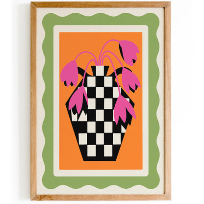 Retro Tulips Poster - Pink Floral Checkerboard Wall Art