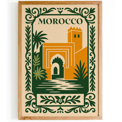 Morocco Travel Poster - Cityscape Green and Yellow Art Print