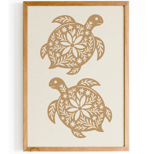 Boho Farmhouse Turtle Linocut Style Art Print