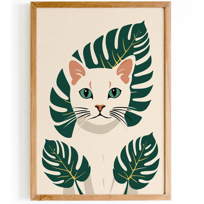 White Kitten - Monstera Leaves Art Print