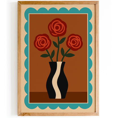 Retro Red Roses in Vase Poster - Vintage Wall Art