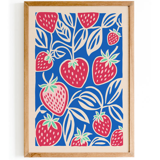 Blue Retro Strawberry Fruit Art Print