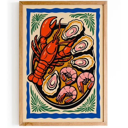 Colorful Retro Seafood Plate Poster - Seafood Lovers Gift