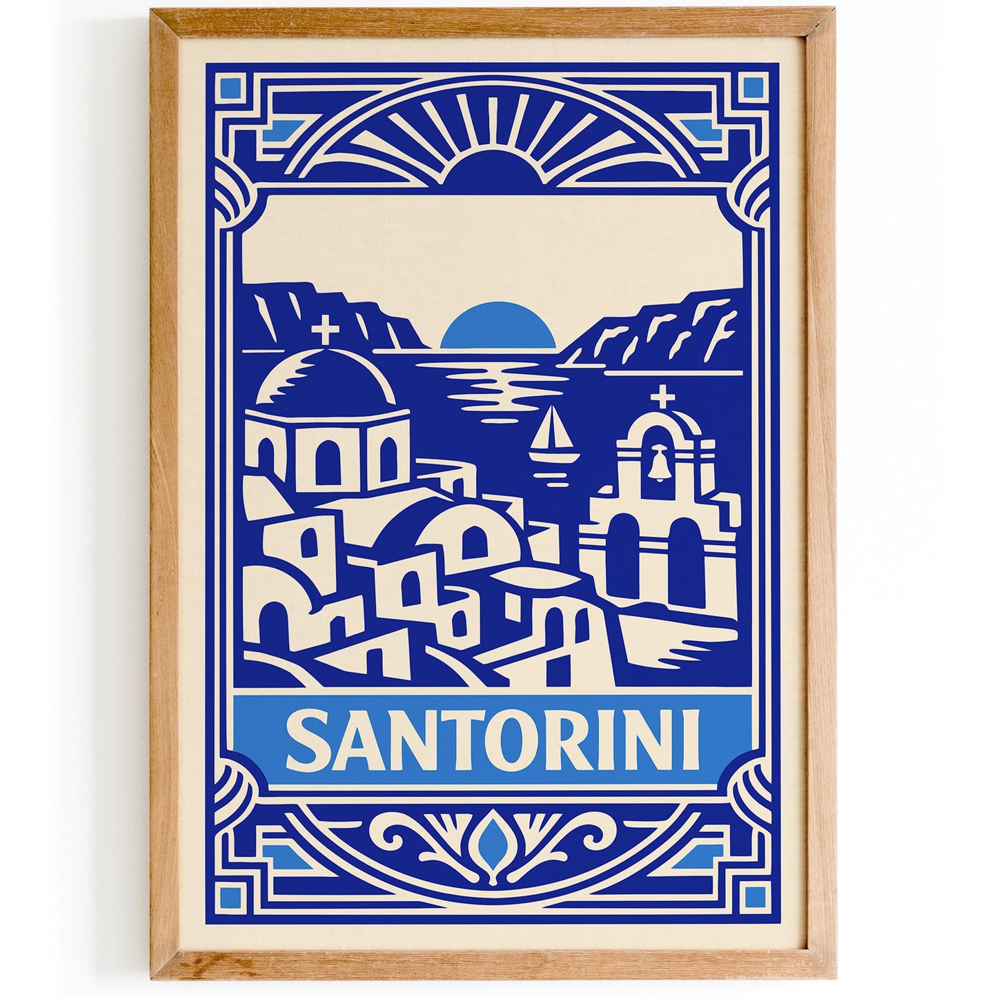 Blue Art Deco Santorini Wall Art Print – Greek Island Decor