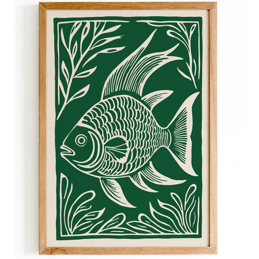 Retro Linocut Fish Poster - Vintage Wall Art