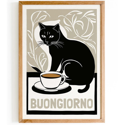 Buongiorno Cat Coffee Poster Print