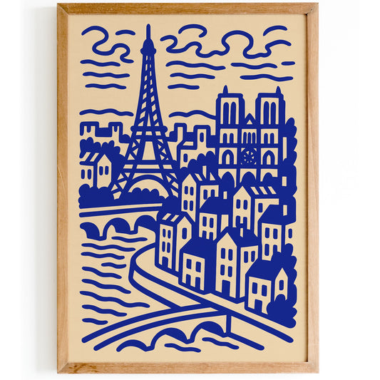 Modern Line Art Paris Cityscape Blue Poster