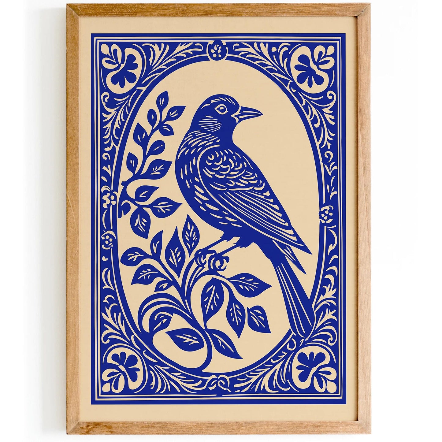 Blue Indigo Bird in Rococo Floral Frame Poster