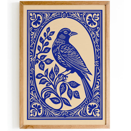 Blue Indigo Bird in Rococo Floral Frame Poster
