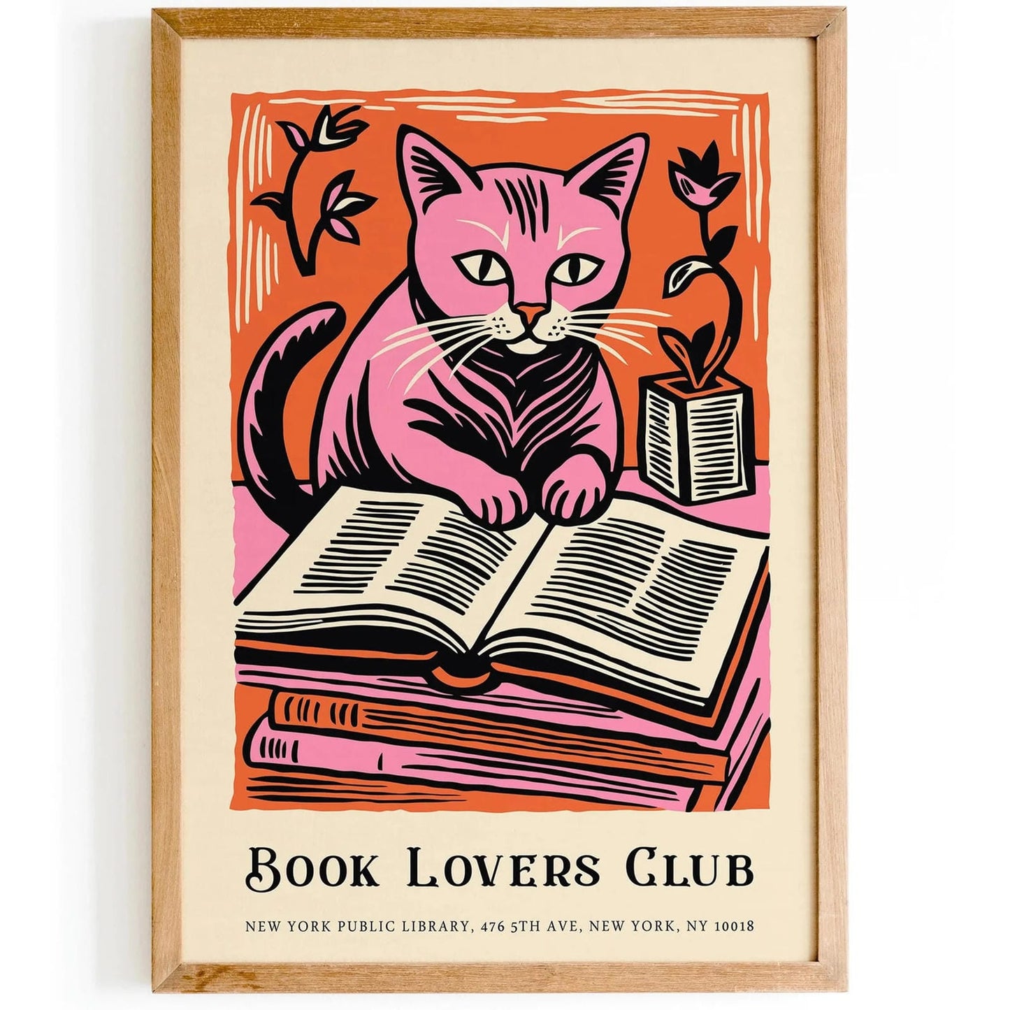 Pink Cat and Books Poster – Book Lovers Club Wall Art