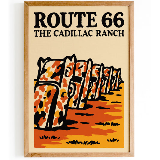 Route 66 Cadillac Ranch Poster - Retro Travel Art