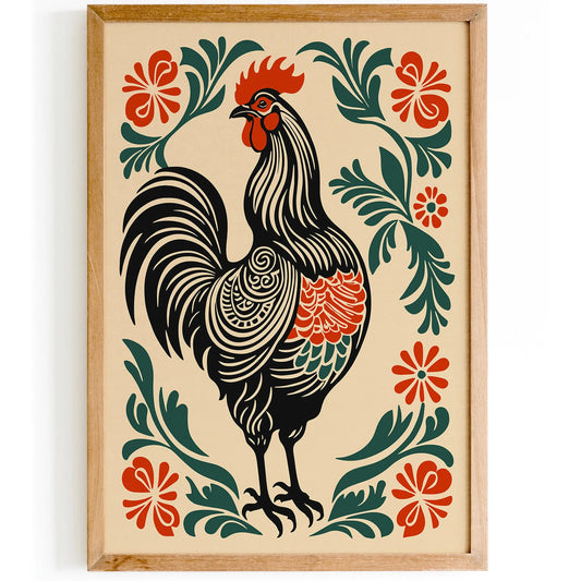 Folk Rooster Kitchen Wall Art – Rustic Farmhouse Decor