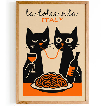 La Dolce Vita Poster - Two Funny Cat Eating Spaghetti Print
