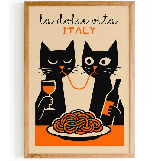 La Dolce Vita Poster - Two Funny Cat Eating Spaghetti Print