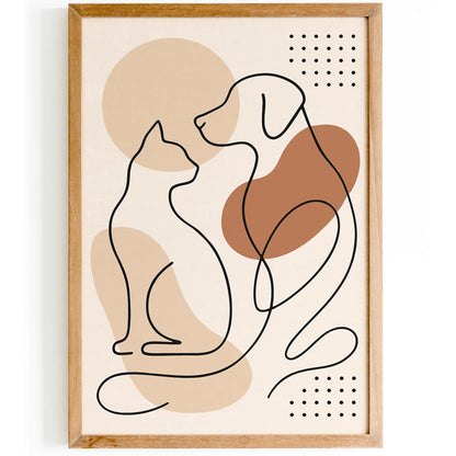 Pet Line Art Print – Cat and Dog Friendship Wall Decor