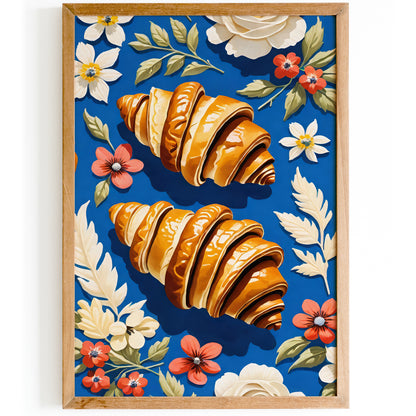 Blue Croissants and Flowers Poster