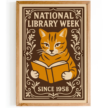 National Library Week Poster, Cat Reading a Book Print
