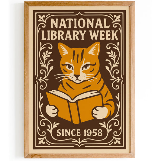 National Library Week Poster, Cat Reading a Book Print