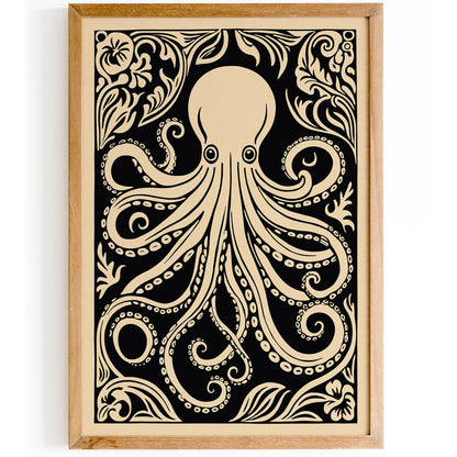 Octopus Rococo Style Black Animal Art Print