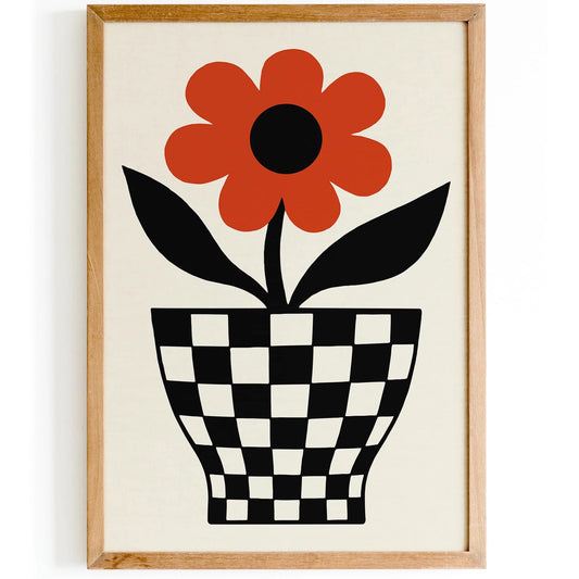 Retro Red Flower in Checkerboard Pot Poster