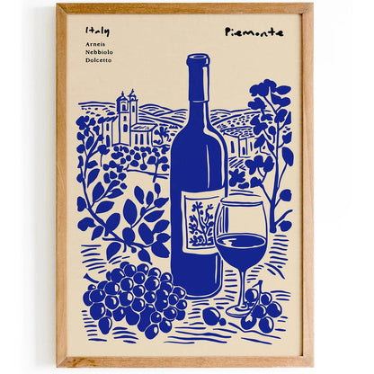 Italy Piemonte Wine Travel Poster – Blue Vintage Wall Art
