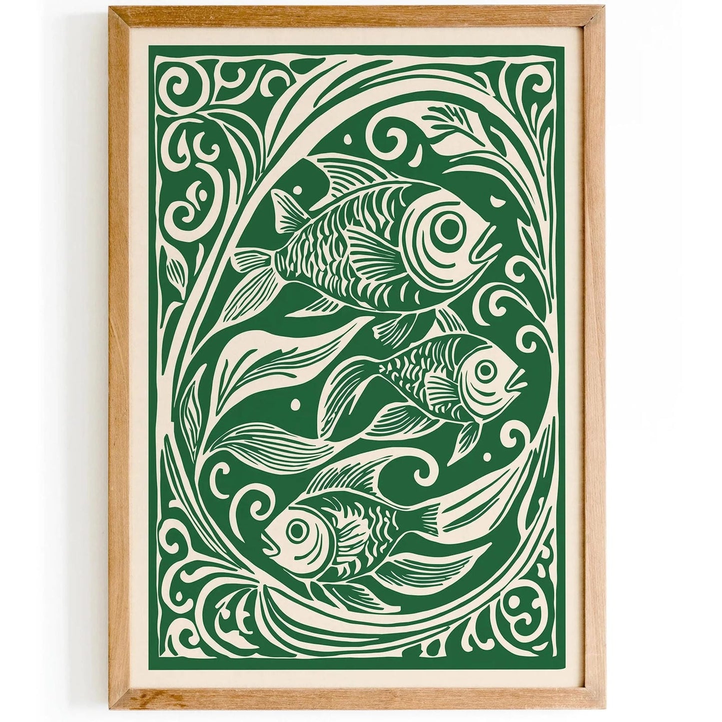 Green Fish Linocut Style Retro Kitchen Poster