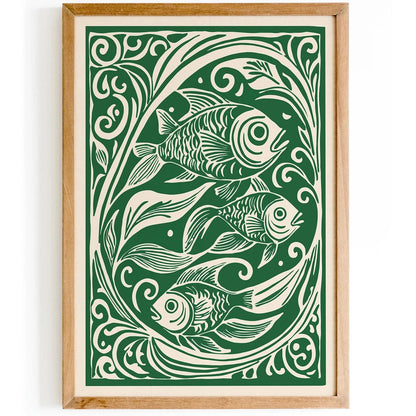 Green Fish Linocut Style Retro Kitchen Poster