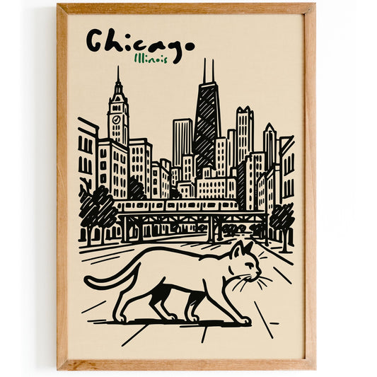 Chicago Illinois Poster - Walking Cat Wall Art Print